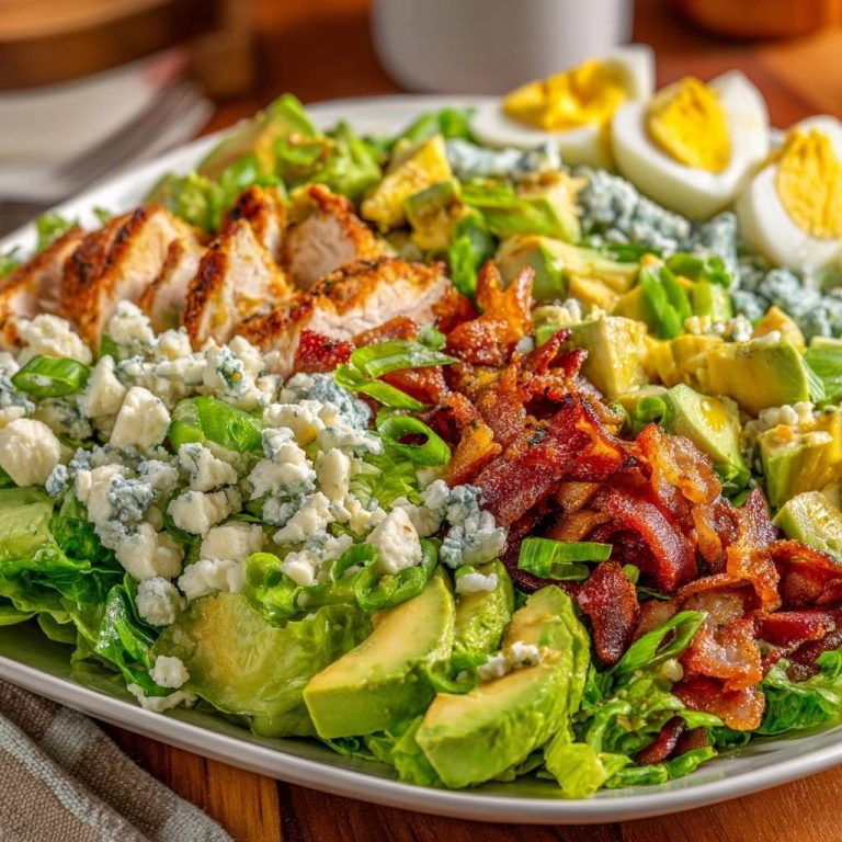 Klassischer Cobb Salad mit Grillhähnchen in einer Nahaufnahme von oben, mit gegrilltem Hähnchen, Speck, Avocado und Blauschimmelkäse.
