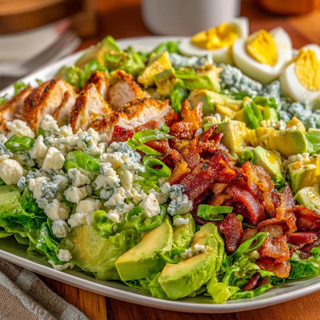 Klassischer Cobb Salad mit Grillhähnchen in einer Nahaufnahme von oben, mit gegrilltem Hähnchen, Speck, Avocado und Blauschimmelkäse.