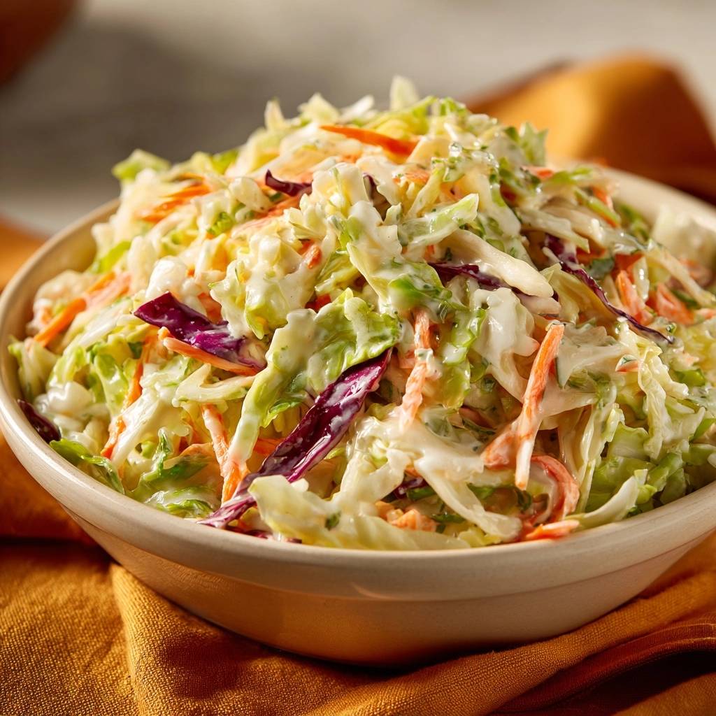 Klassischer Cremiger Coleslaw Draufsicht 1 Klassischer cremiger Coleslaw, serviert in einer Schüssel, mit knackigem Kohl, Karotten und cremiger Sauce, aus der Vogelperspektive gesehen.