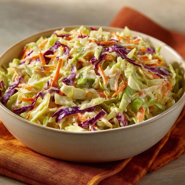 Klassischer cremiger Coleslaw, serviert in einer rustikalen Schüssel. Die Zutaten wie Weißkohl, Rotkohl und Karotten sind deutlich zu sehen.