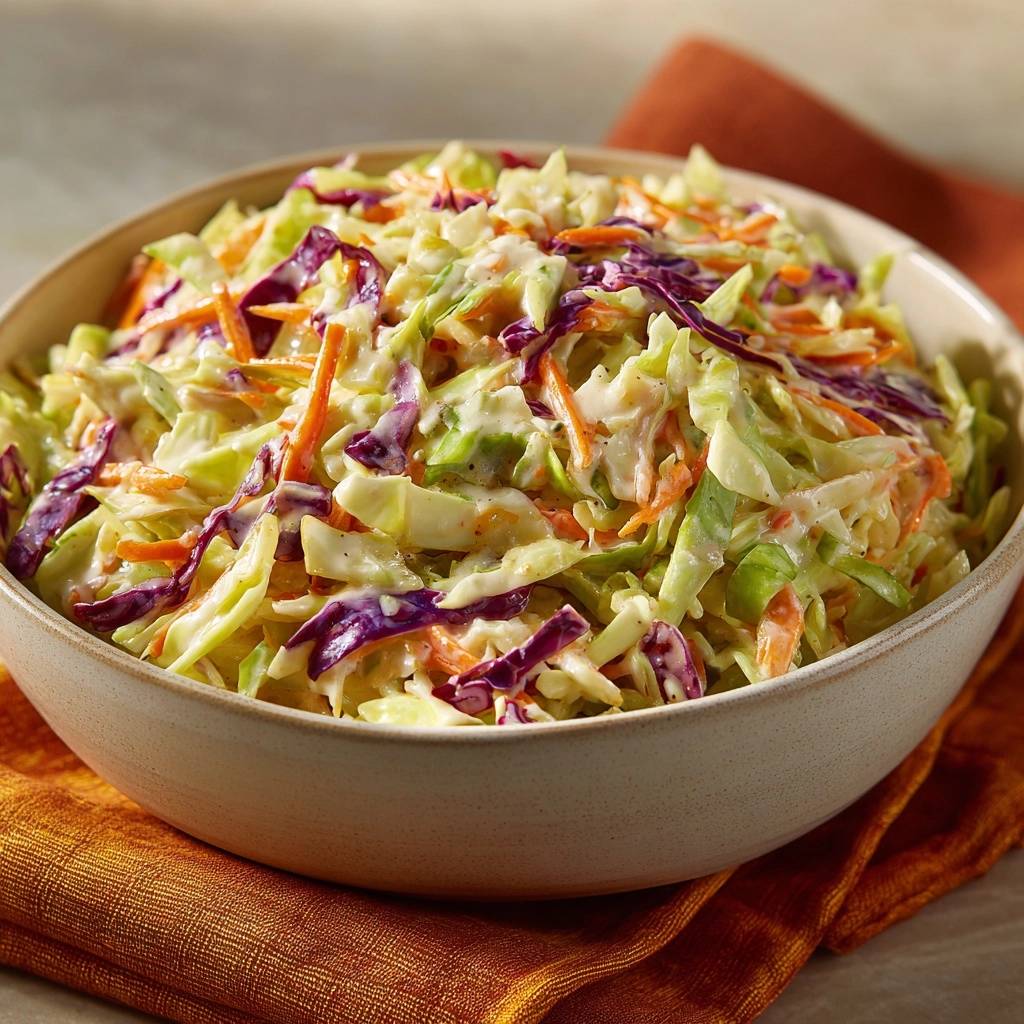 Klassischer cremiger Coleslaw, serviert in einer rustikalen Schüssel. Die Zutaten wie Weißkohl, Rotkohl und Karotten sind deutlich zu sehen.
