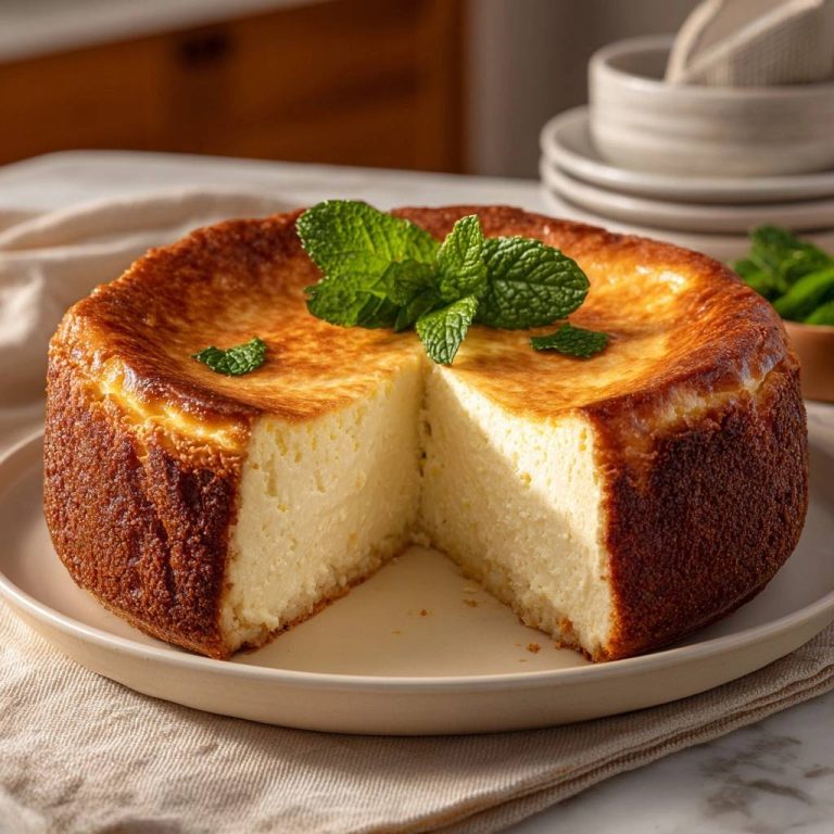 Klassischer fluffiger Quarkkuchen mit Anschnitt, der die cremige Textur zeigt. Ein köstlicher Kuchen ohne Einsinken, perfekt als Dessert.