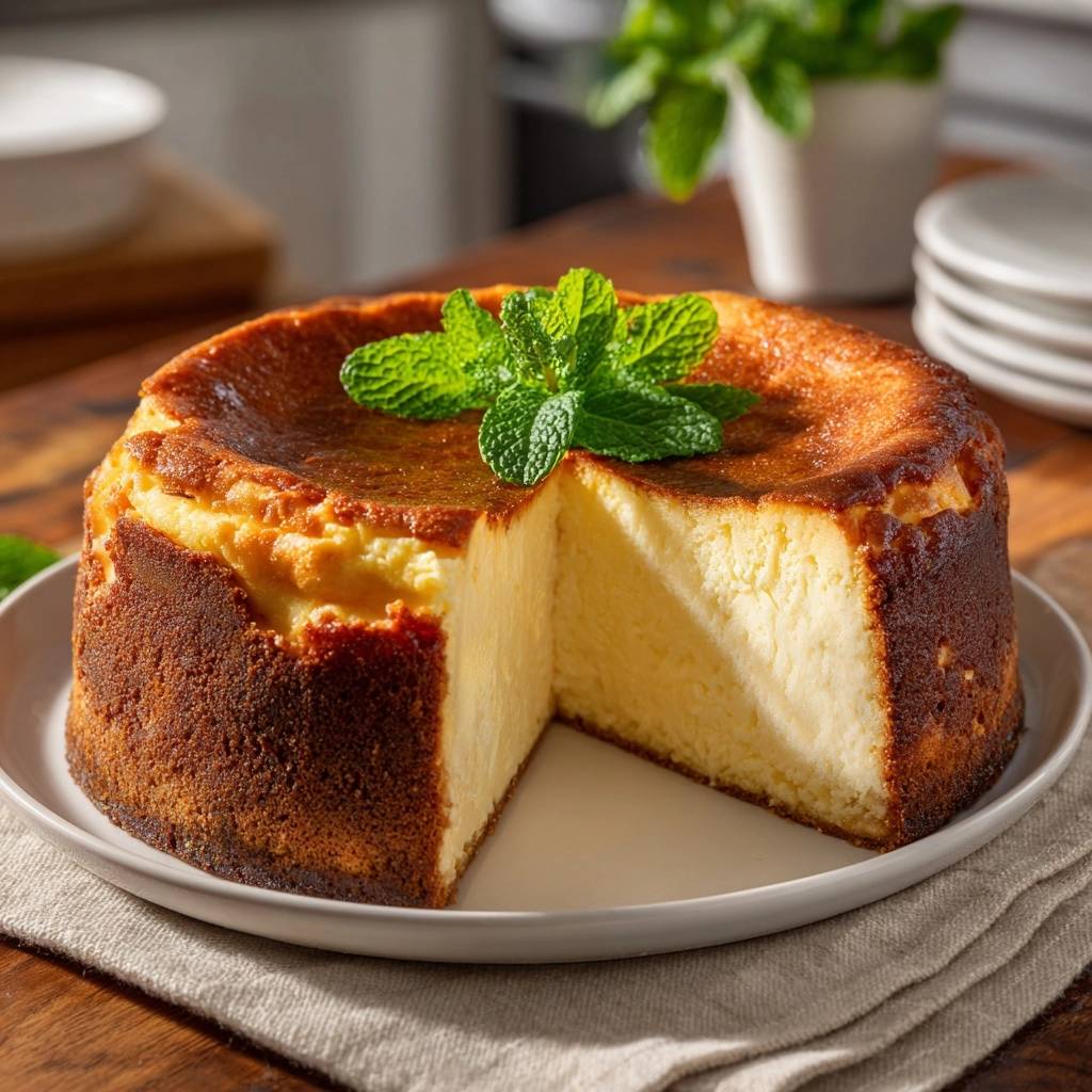 Klassischer fluffiger Quarkkuchen mit Anschnitt, der die cremige Textur zeigt und mit frischer Minze garniert ist.