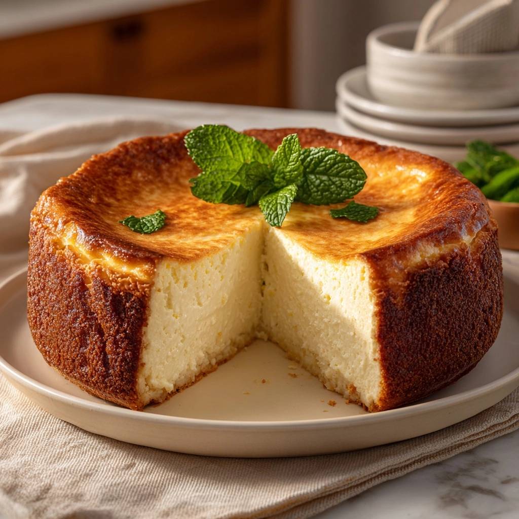 Klassischer fluffiger Quarkkuchen mit Anschnitt, der die cremige Textur zeigt. Ein köstlicher Kuchen ohne Einsinken, perfekt als Dessert.