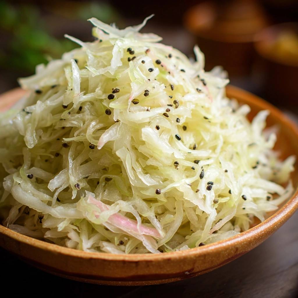 Klassischer Krautsalat in einer Holzschale, detailnah mit Pfefferkörnern und zarten Kohlstreifen.
