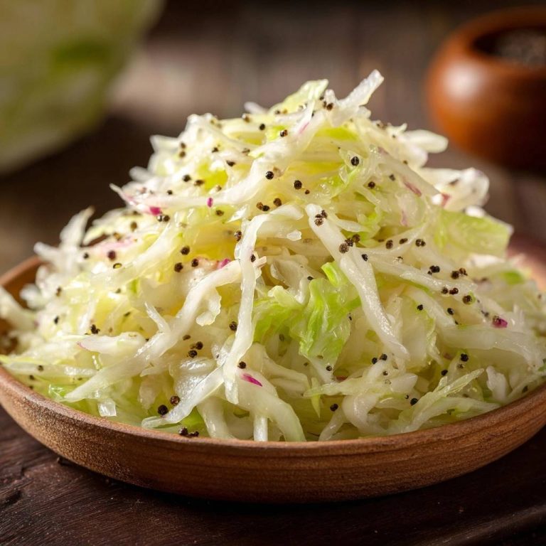 Klassischer Krautsalat in Nahaufnahme, draufsicht mit Schwarzkuemmel verfeinert, serviert in einer Holzschale auf rustikalem Untergrund.
