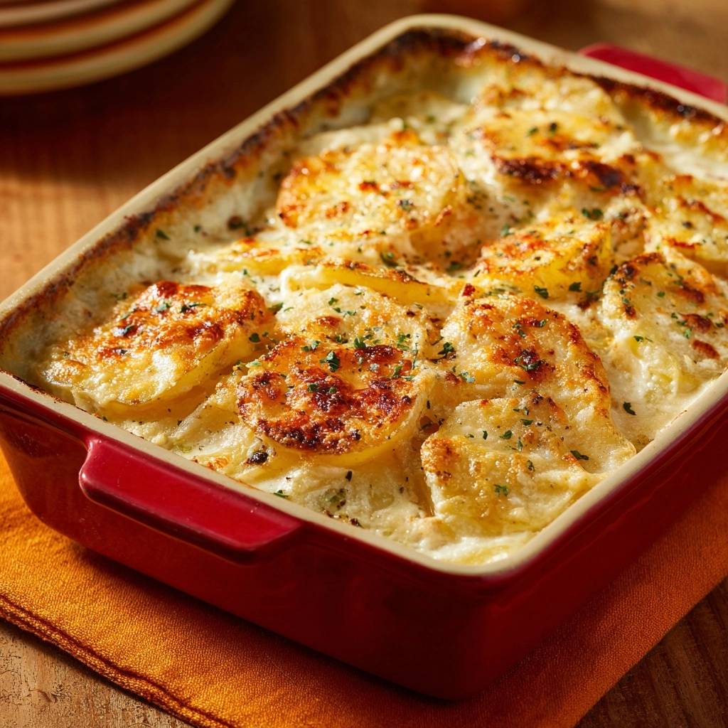 Klassisches Kartoffelgratin in einer roten Auflaufform, frisch gebacken und mit goldbraunen Kartoffelscheiben von oben betrachtet.