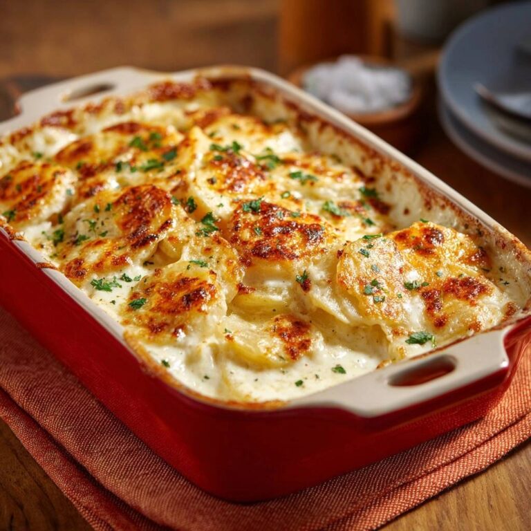 Klassisches Kartoffelgratin in einer Auflaufform, frisch aus dem Ofen, mit goldbraun gebackenen Kartoffelscheiben und Kräutern garniert.
