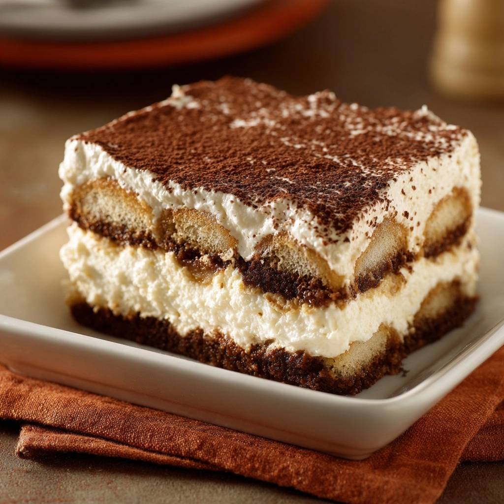 Klassisches Tiramisu Querschnitt Nahaufnahme 1 Klassisches Tiramisu in Nahaufnahme zeigt den schmackhaften Querschnitt mit Löffelbiskuits und cremiger Mascarpone-Creme.