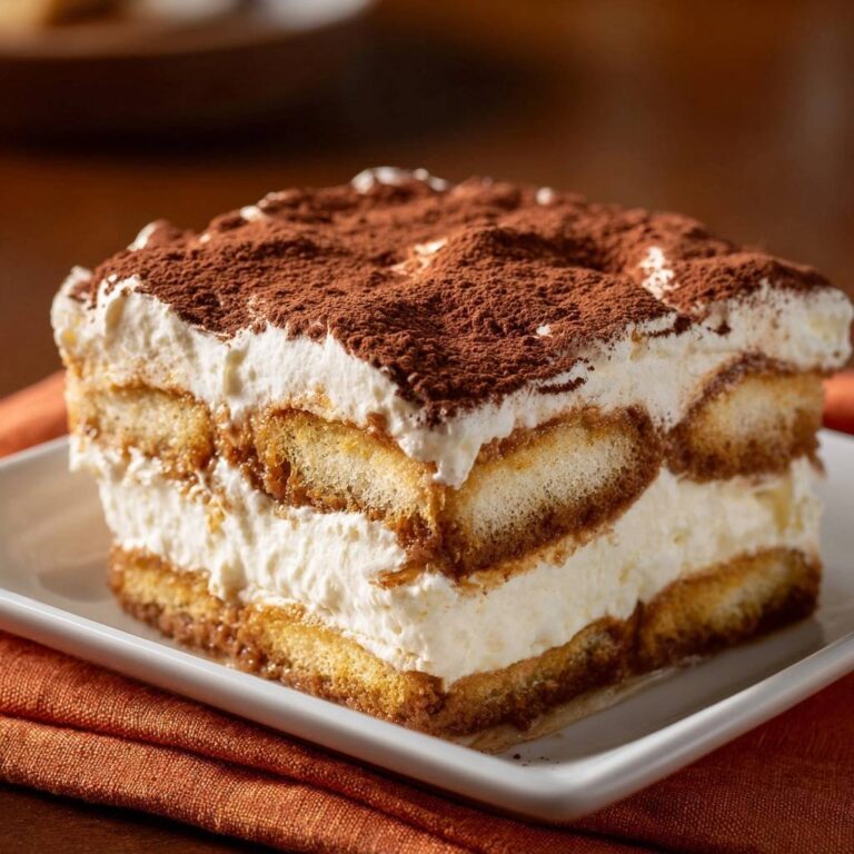 Klassisches Tiramisu in Nahaufnahme, zeigt einen detaillierten Querschnitt mit Löffelbiskuits und cremiger Mascarpone-Creme. Die perfekte Süßspeise für jeden Anlass.