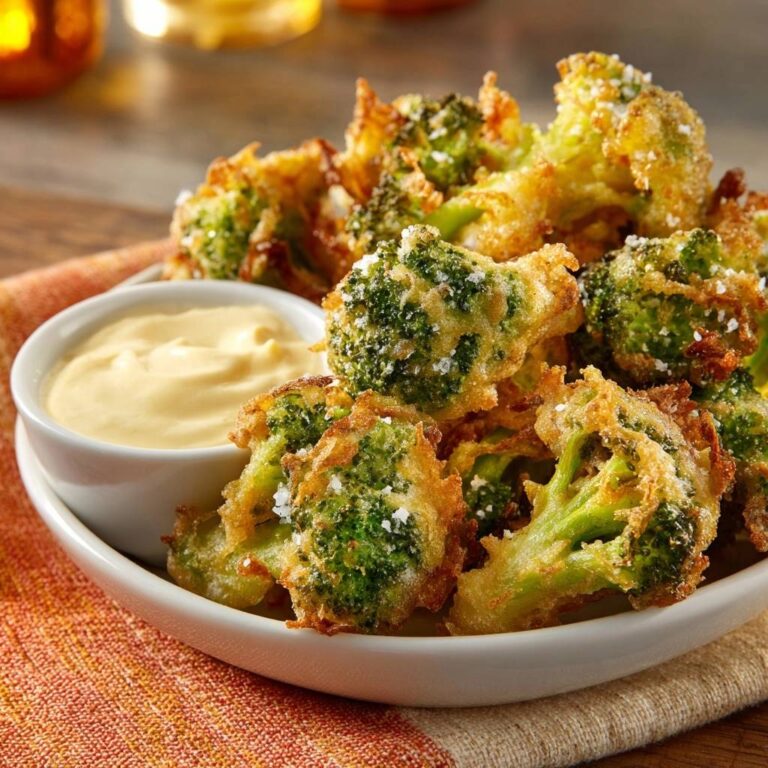 Knusprige Brokkoli-Bites in Nahaufnahme mit einem cremigen Dip serviert, perfekt frittiert und mit Meersalz bestreut.
