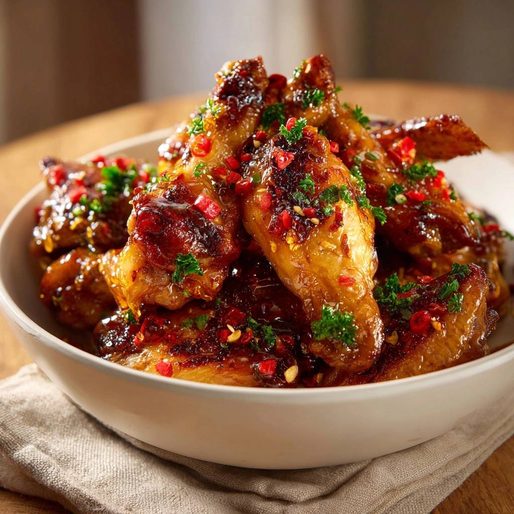 Knusprige Chili Knoblauch Huhnerflugel Serviert 1 Knusprige Chili-Knoblauch-Hähnchenflügel, serviert in einer Schüssel, sind mit frischem Chili und Petersilie garniert und bereit zum Genießen.