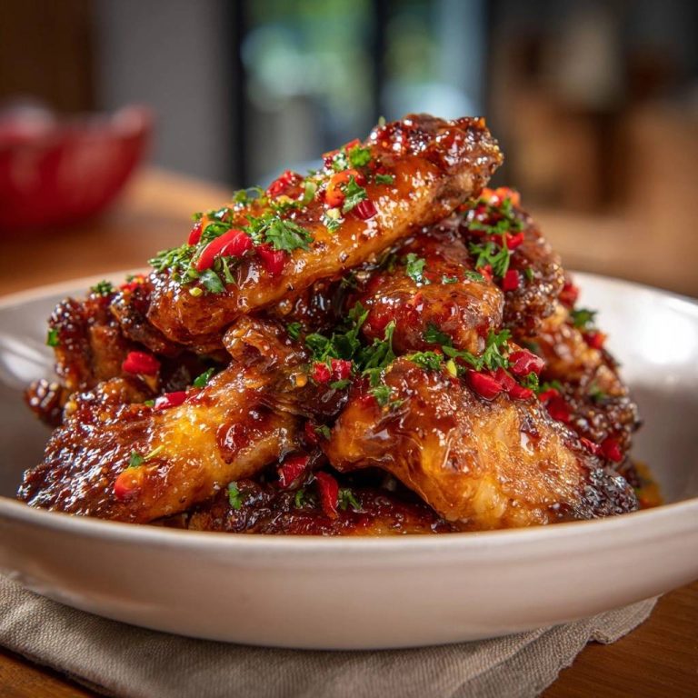 Knusprige Chili-Knoblauch-Hähnchenflügel, serviert in einer Schüssel, verziert mit frischen Kräutern und Chili-Flocken, ein appetitliches Gericht.