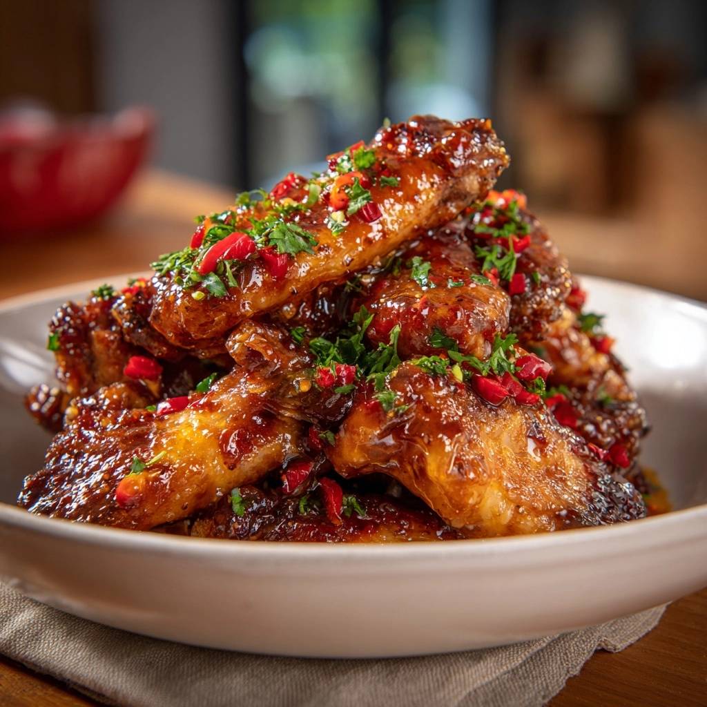 Knusprige Chili-Knoblauch-Hähnchenflügel, serviert in einer Schüssel, verziert mit frischen Kräutern und Chili-Flocken, ein appetitliches Gericht.