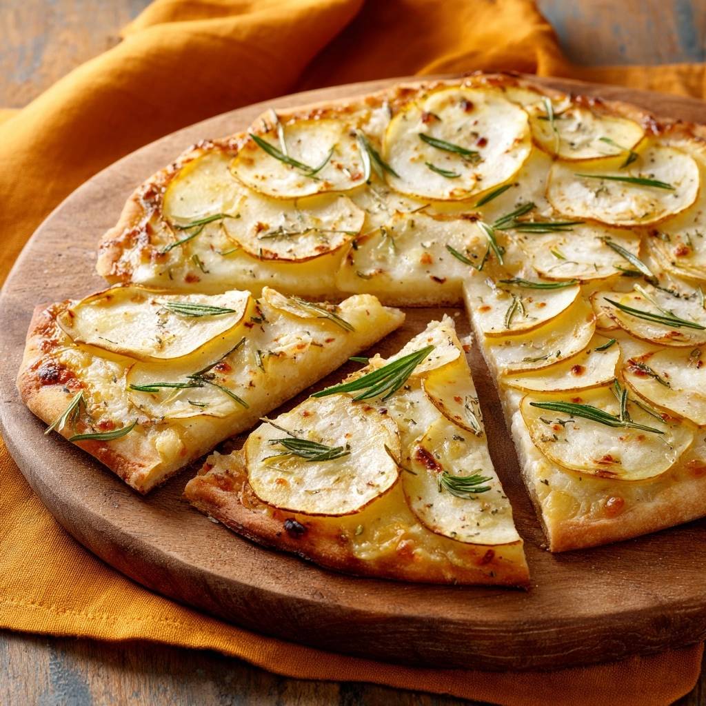 Knusprige Kartoffel-Rosmarin-Pizza, angeschnitten und serviert auf einem Holzbrett, mit frischen Rosmarinzweigen auf den Kartoffelscheiben.