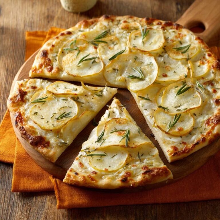 Knusprige Kartoffel-Rosmarin-Pizza, angeschnitten und serviert auf einem Holzbrett, belegt mit Kartoffelscheiben und Rosmarinzweigen.