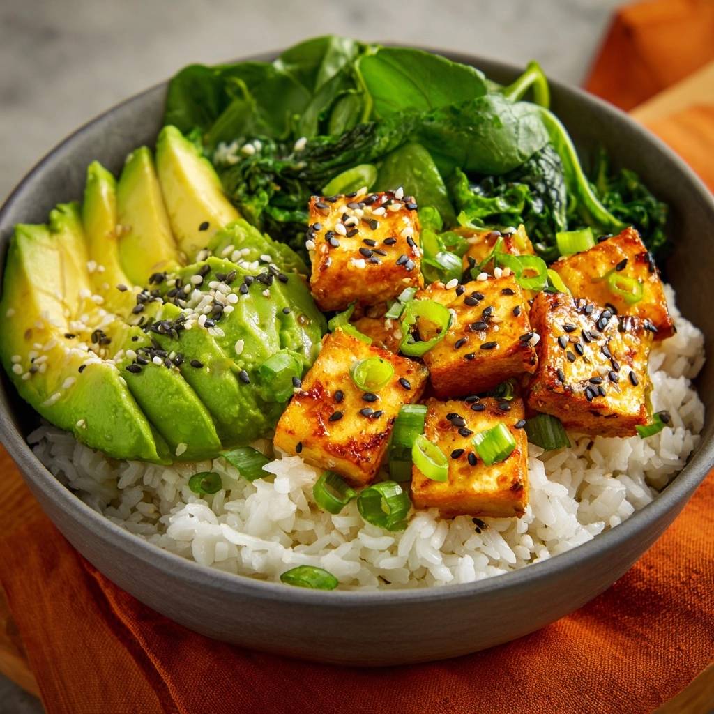 Knusprige Tofu Bowl Mit Avocado Draufsicht 1 Knusprige Tofu-Bowl mit Avocado, serviert in einer Schüssel. Diese Draufsicht zeigt die perfekt gebratenen Tofuwürfel mit Sesam und frischem Gemüse.