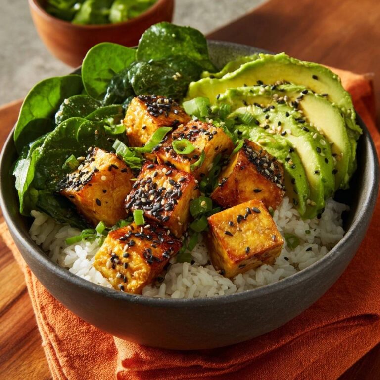 Knusprige Tofu-Bowl mit Avocado, serviert in einer Schüssel, mit knusprigem Tofu, Avocado und frischem Spinat von oben betrachtet.