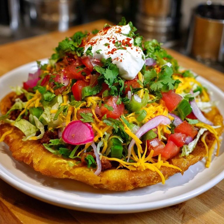Knusprige Tostada Supreme serviert, mit frischen Tomaten, Zwiebeln, Käse, Salat und Sour Cream garniert und von oben fotografiert.