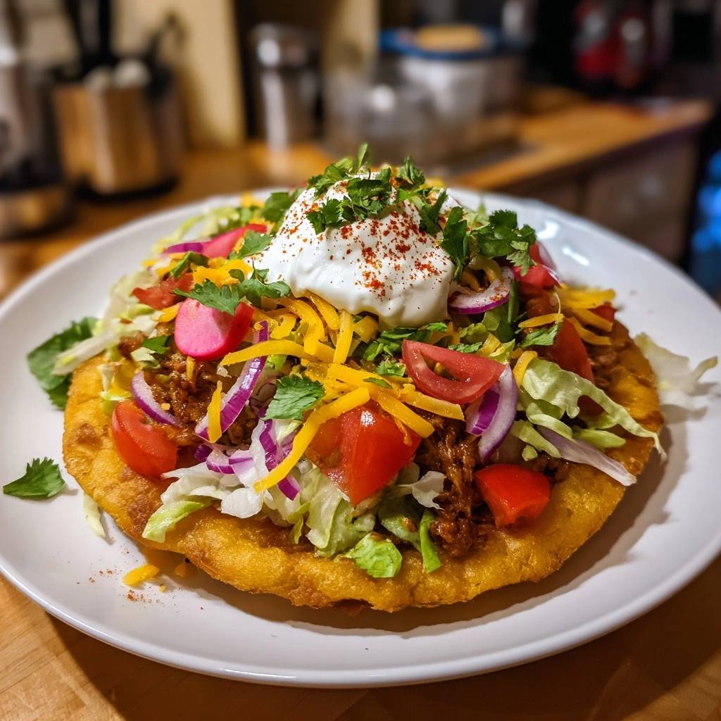 Knusprige Tostada Supreme serviert mit frischen Tomaten, Zwiebeln, Käse und einem Klecks Sauerrahm auf einem Teller.