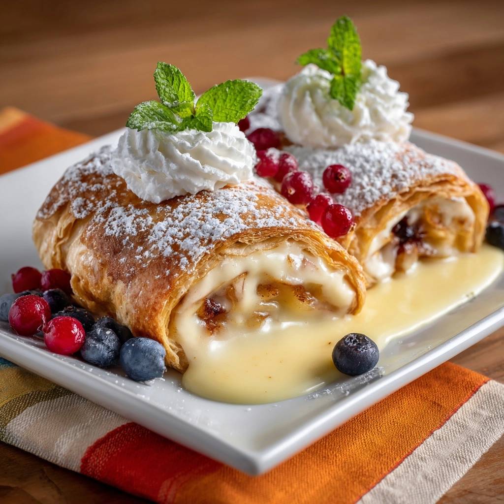 Knuspriger Apfelstrudel Mit Fluessigem Vanillekern Querschni 1 Knuspriger Apfelstrudel mit flüssigem Vanillekern in Nahaufnahme, der die cremige Vanillefüllung und frische Beeren zeigt.