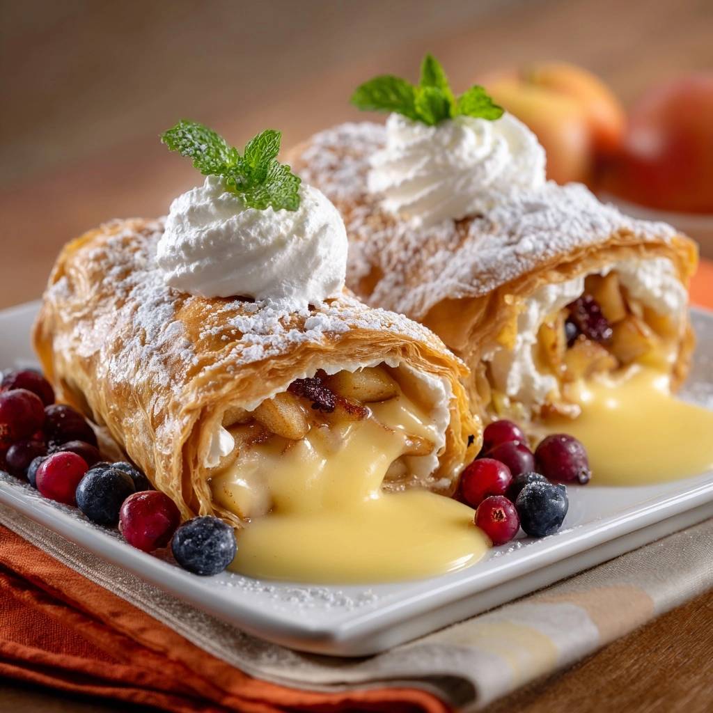 Knuspriger Apfelstrudel mit flüssigem Vanillekern in Nahaufnahme, serviert mit frischer Sahne, Puderzucker und Beeren auf einem Teller.
