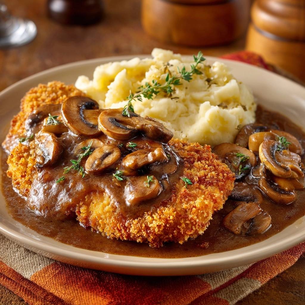Knuspriges Jägerschnitzel mit cremigem Püree, serviert auf einem rustikalen Teller, mit reichlich Pilzrahmsoße und frischer Petersilie garniert.