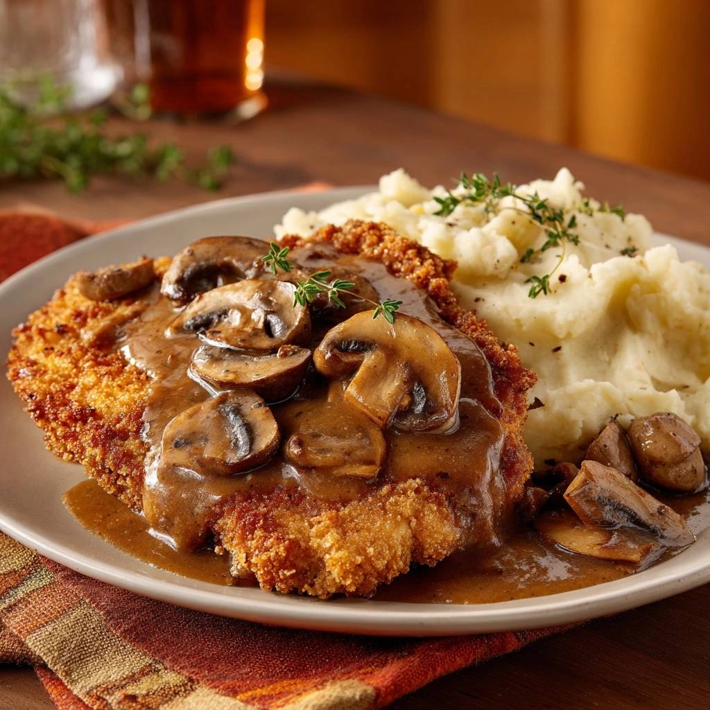 Knuspriges Jägerschnitzel serviert auf einem Teller, mit cremigen Kartoffelpüree und Champignons in einer reichhaltigen Soße.