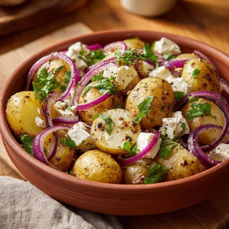 Mediterraner Röstkartoffelsalat mit Feta, von oben betrachtet, präsentiert eine köstliche Mischung aus Kartoffeln, Roten Zwiebeln, Feta und frischen Kräutern.