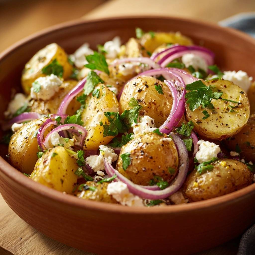 Mediterraner Röstkartoffelsalat mit Feta in einer Nahaufnahme, der die leckeren Zutaten wie Kartoffeln, Zwiebeln und Feta-Käse zeigt.