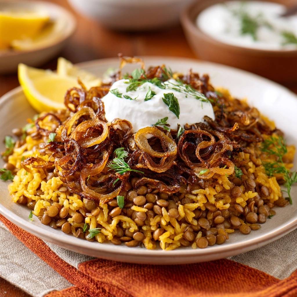 Orientalische Mujadara mit Kurkuma-Reis, serviert auf einem Teller, mit knusprigen Zwiebeln, Joghurt und frischen Kräutern garniert.