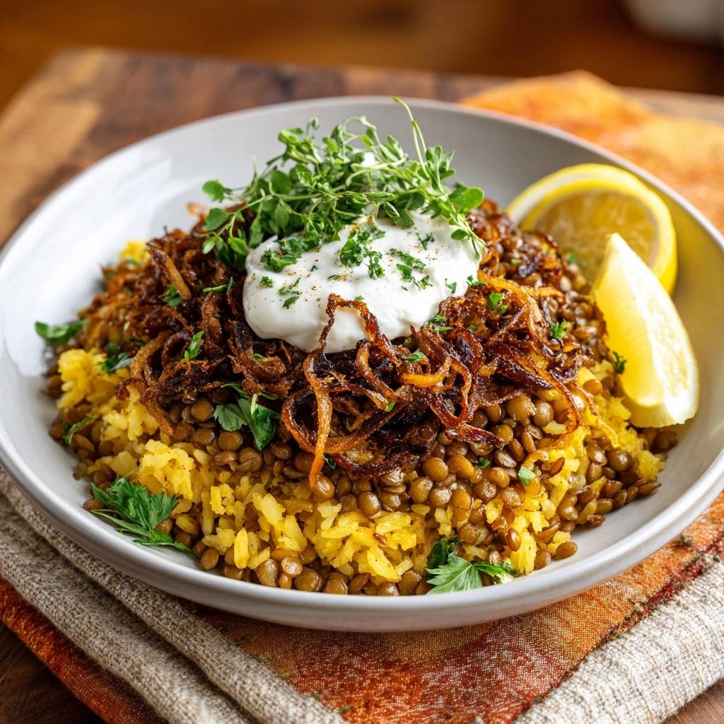 Orientalische Mujadara mit Kurkuma-Reis serviert in einer Schüssel mit knusprigen Zwiebeln, frischen Kräutern und einem Klecks Joghurt.