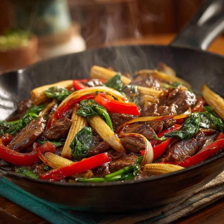 Rindfleisch-Pfanne mit Babymais in einer dampfenden Pfanne aus nächster Nähe betrachtet, mit roter Paprika, Babymis und zartem Fleisch.