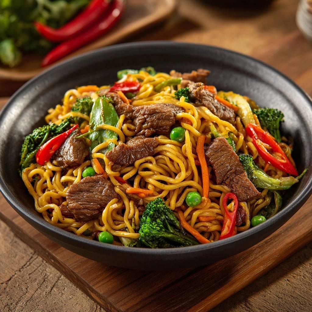 Rindfleisch-Wok mit Eiernudeln in einer schwarzen Schüssel von oben gesehen, mit zartem Fleisch und buntem Gemüse.