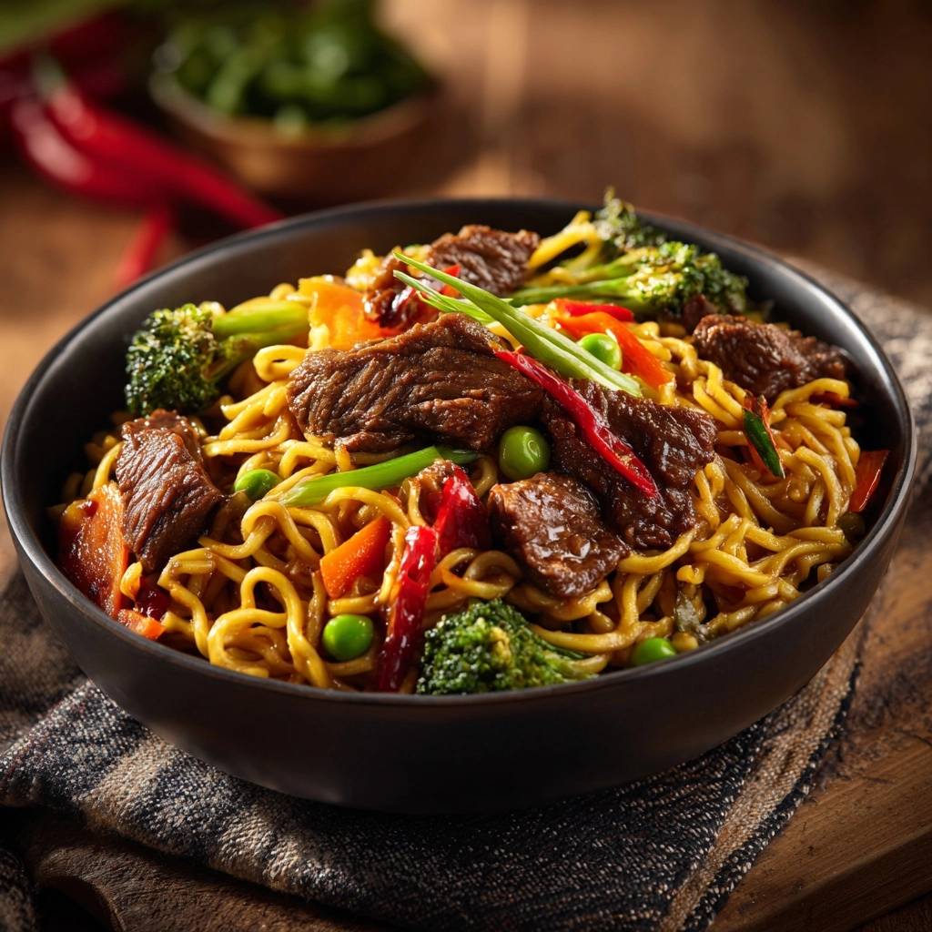 Rindfleisch-Wok mit Eiernudeln serviert in einer dunklen Schüssel. Die gebratenen Nudeln und das zarte Fleisch sind mit Gemüse garniert.