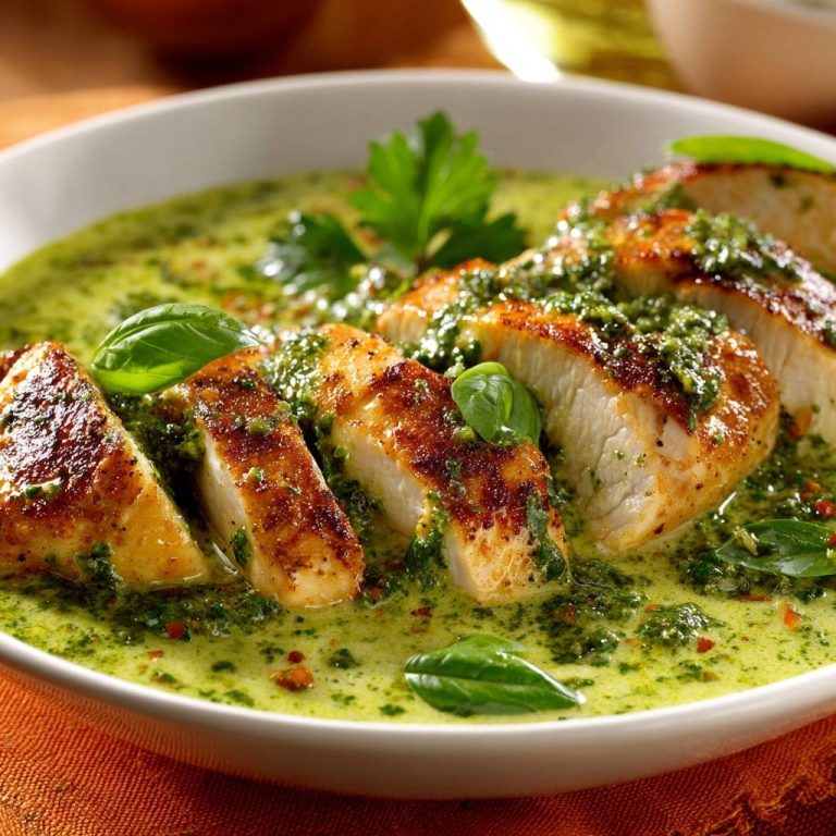 Saftige Hähnchenbrust in cremiger Pesto-Sauce, serviert in einer weißen Schüssel, mit einem Nahaufnahme-Querschnitt, der die zarte Textur zeigt.