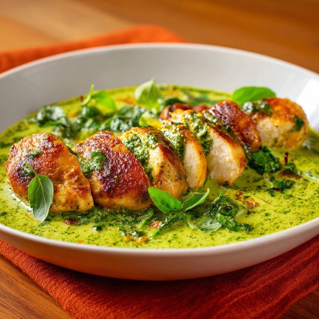 Saftige Hähnchenbrust in cremiger Pesto-Sauce, serviert in einer Schüssel, mit einem Nahaufnahme-Anschnitt der Hähnchenbrust.