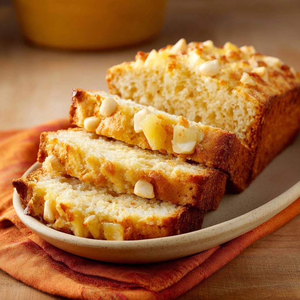 Saftiger Ananas Nuss Kuchen Querschnitt 1 Saftiger Ananas-Nuss-Kuchen: Ein Nahaufnahme-Querschnitt zeigt die saftige Textur und die frischen Ananas- und Nussstücke.