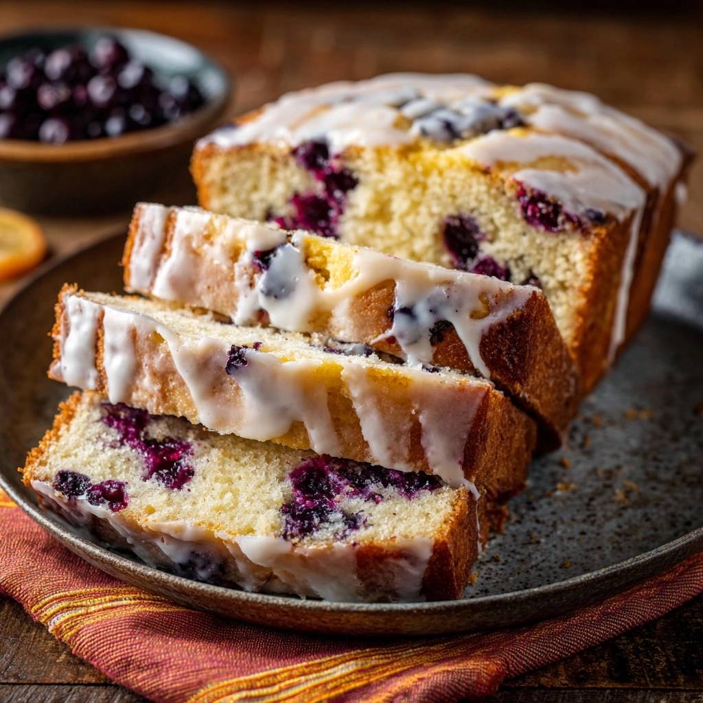 Saftiger Blaubeer-Zitronen-Kuchen mit Anschnitt, der die saftige Textur und die Blaubeeren zeigt, die in den Kuchen eingebacken sind.