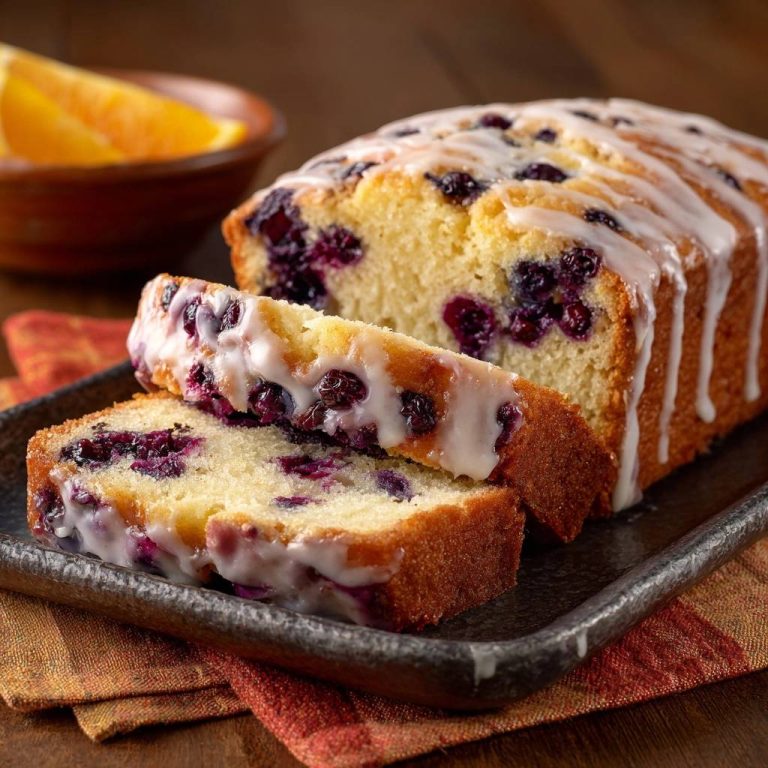 Saftiger Blaubeer-Zitronen-Kuchen mit saftigen Blaubeeren, hier mit einem Anschnitt, der die lockere Textur und den Guss zeigt.