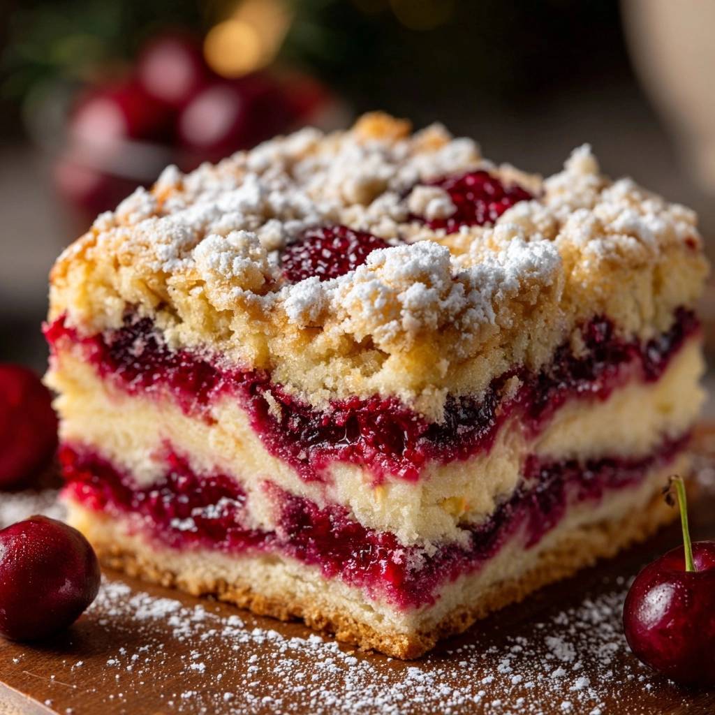 Saftiger Kirsch Streuselkuchen Querschnitt 1 Saftiger Kirsch-Streuselkuchen mit Streuseln im Querschnitt, der die saftigen Kirschschichten und den Kuchenboden zeigt. Dazu frische Kirschen.