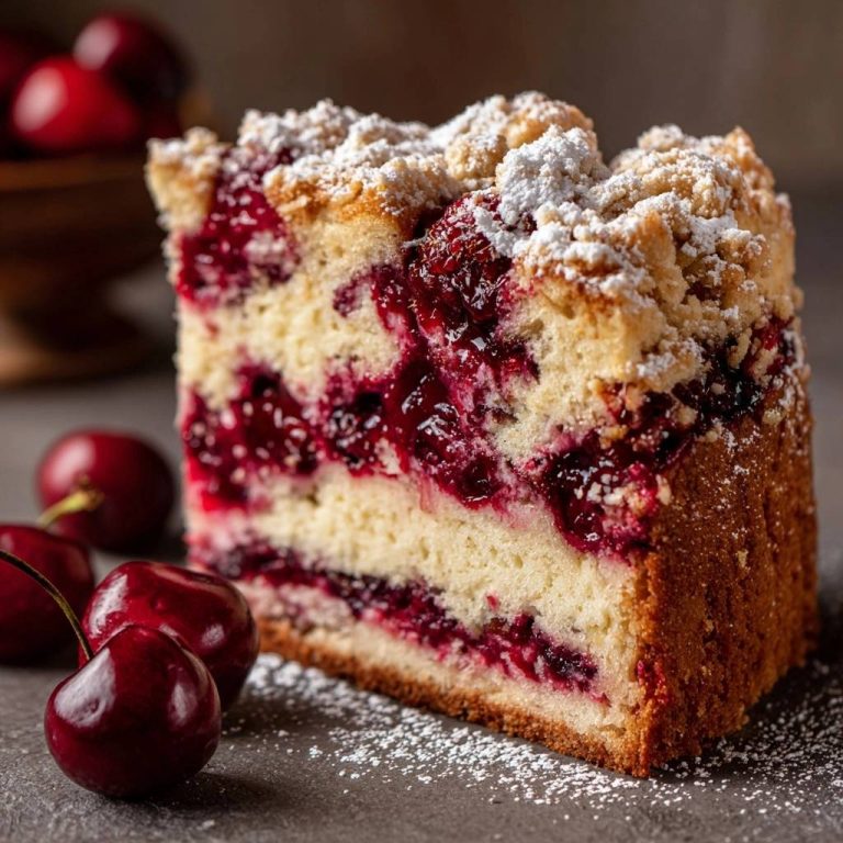 Saftiger Kirsch-Streuselkuchen mit Streuseln, ein köstliches Stück Kuchen mit einem detaillierten Querschnitt, der die saftigen Kirschen zeigt.