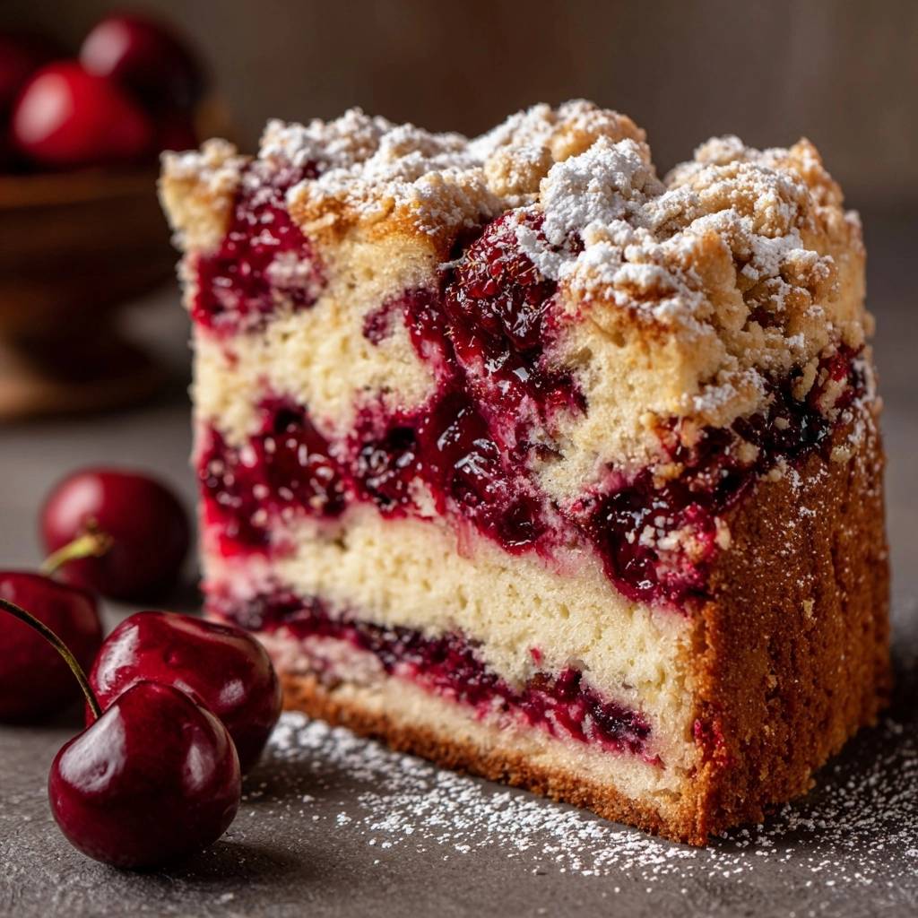 Saftiger Kirsch-Streuselkuchen mit Streuseln, ein köstliches Stück Kuchen mit einem detaillierten Querschnitt, der die saftigen Kirschen zeigt.
