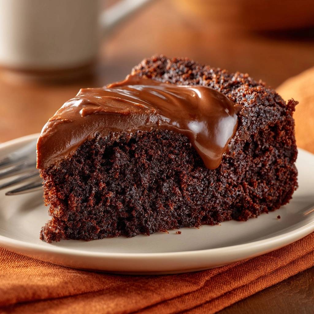 Saftiger Schokoladenkuchen mit Ganache auf einem Teller serviert, mit einer großzügigen Schicht cremiger Schokoladen-Ganache überzogen.