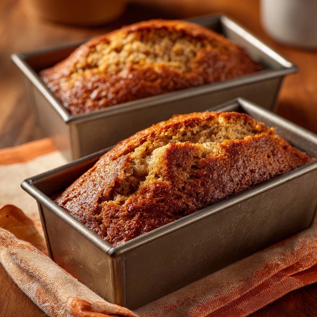 Saftiges Bananenbrot Frisch Gebacken 1 Saftiges Bananenbrot, frisch gebacken in Backformen, präsentiert eine goldbraune Kruste und eine lockere Textur. Dieses Brot ist perfekt gegen das Zusammenfallen.