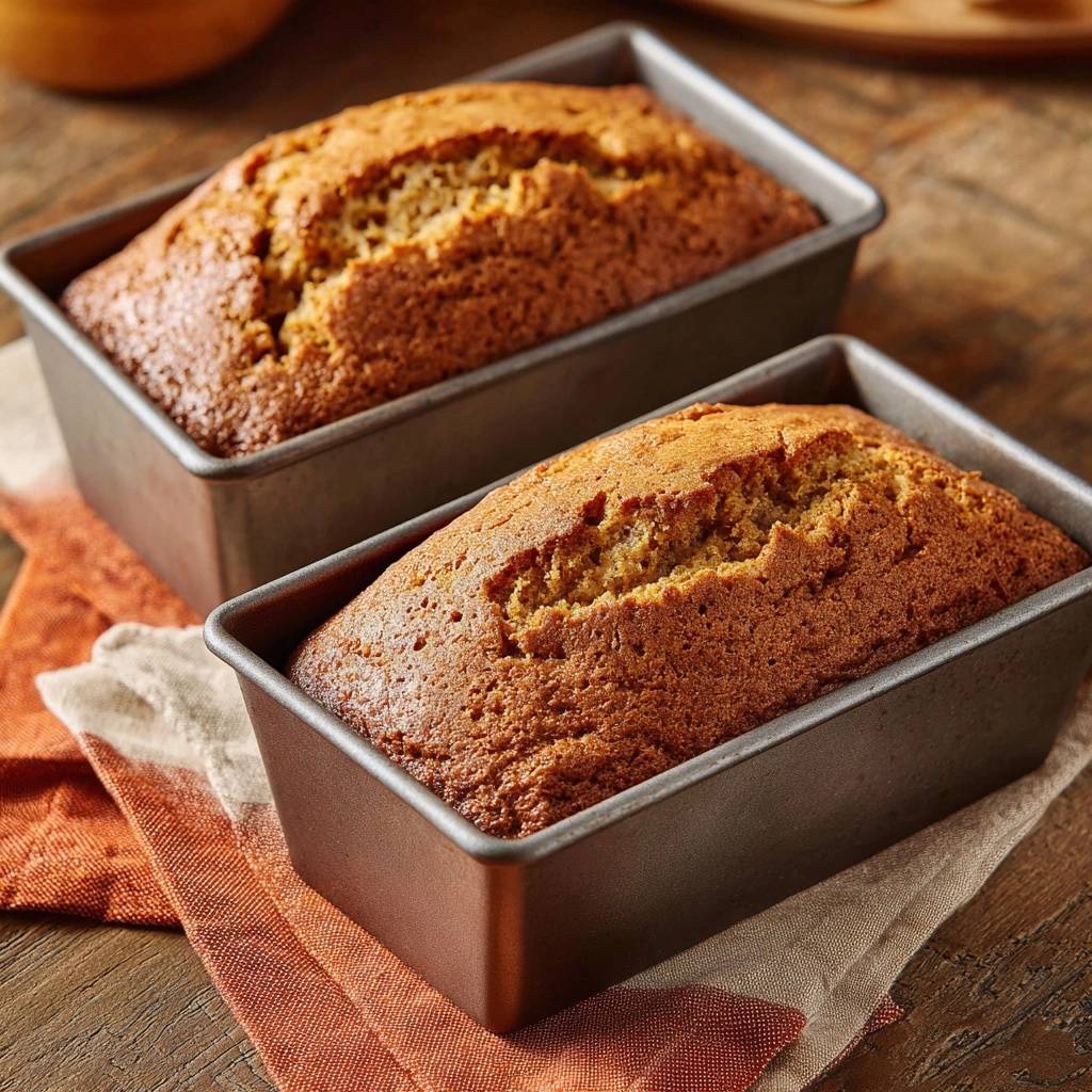 Saftiges Bananenbrot, frisch gebacken und in Backformen serviert, zeigt eine knusprige Kruste und eine lockere Struktur.