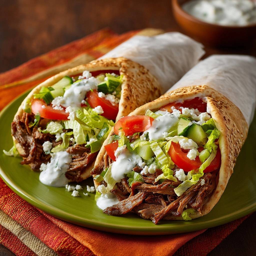 Saftiges Gyros Fladenbrot Mit Sesam Nahaufnahme 1 Saftiges Gyros-Fladenbrot mit Sesam in Nahaufnahme, gefüllt mit frischem Gemüse, cremiger Soße und zartem Fleisch auf einem grünen Teller.