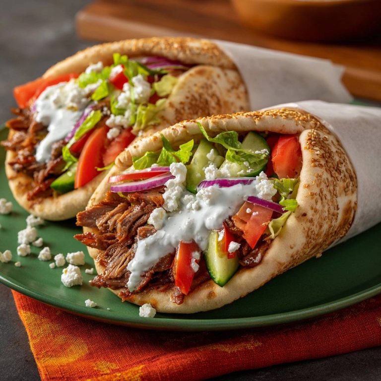 Saftiges Gyros-Fladenbrot mit Sesam, serviert auf einem grünen Teller, präsentiert mit frischen Tomaten, Gurken und Zwiebeln.