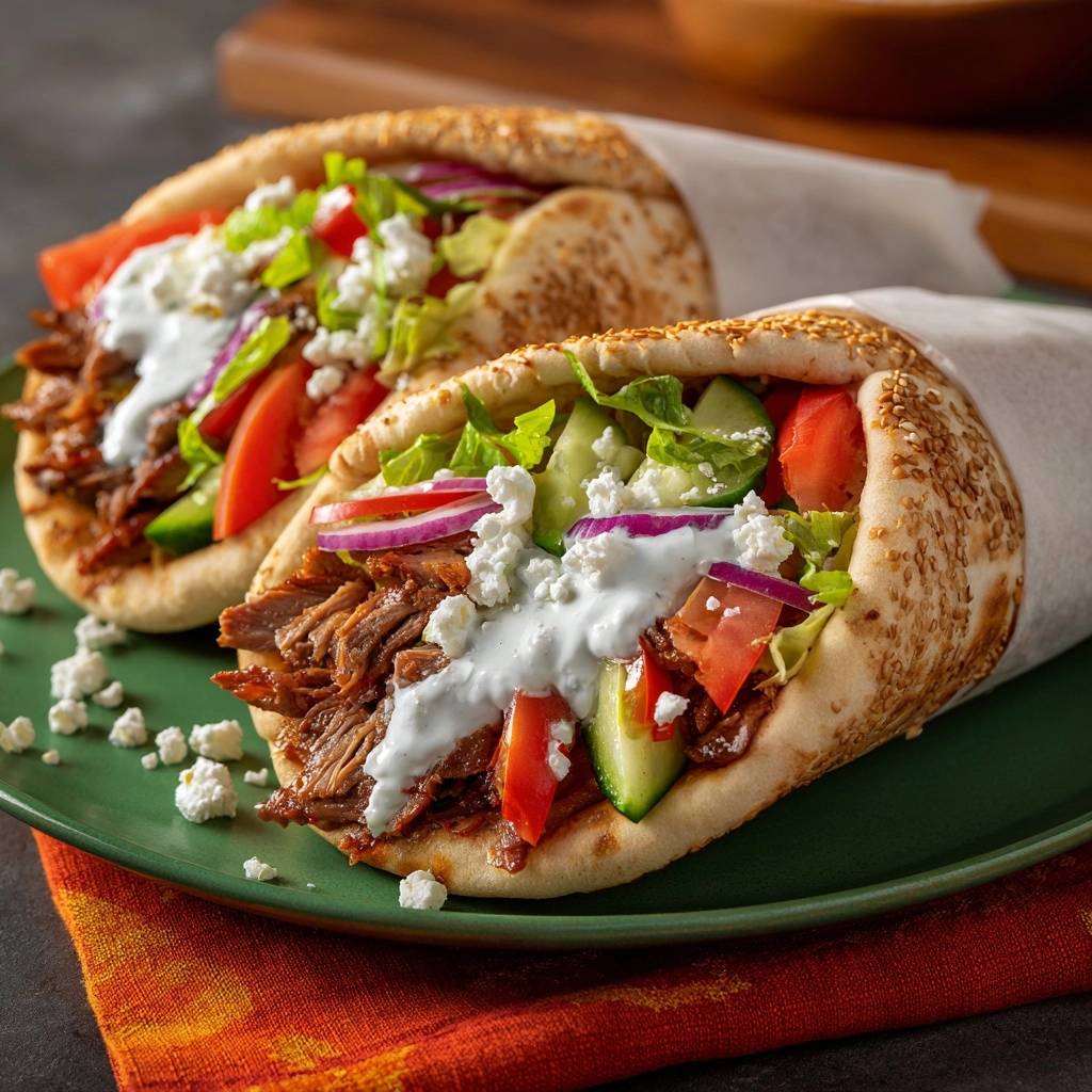 Saftiges Gyros-Fladenbrot mit Sesam, serviert auf einem grünen Teller, präsentiert mit frischen Tomaten, Gurken und Zwiebeln.