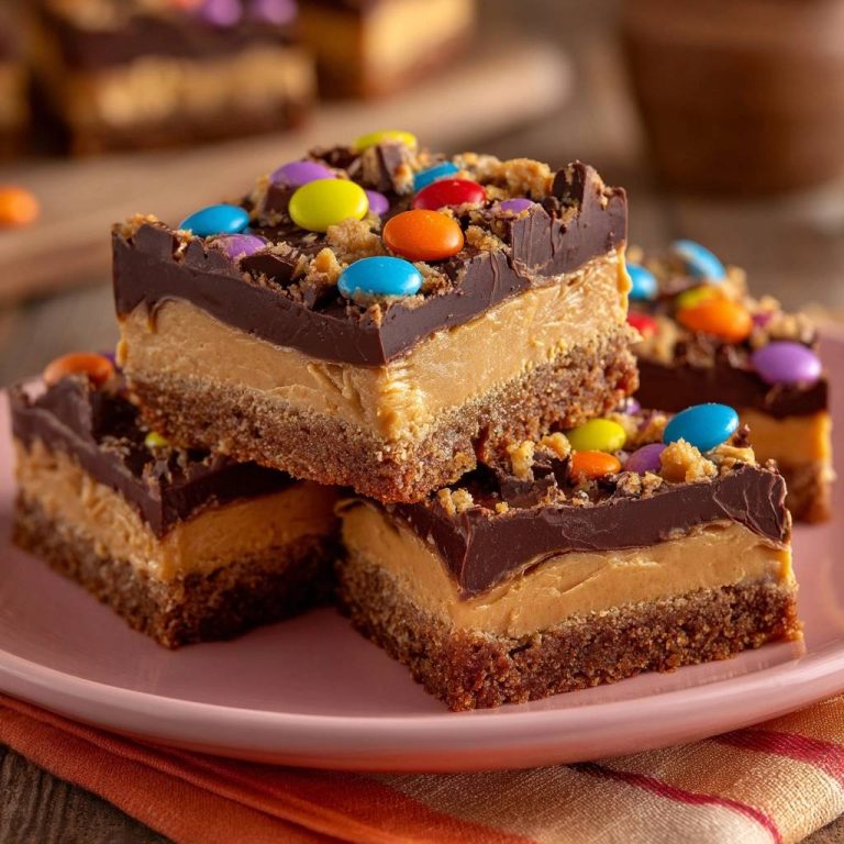 Schoko-Erdnussbutter-Schnitten: Nahaufnahme eines Anschnitts mit Schichten aus Keksboden, Erdnussbuttercreme und Schokoladenüberzug, garniert mit bunten Süßigkeiten.